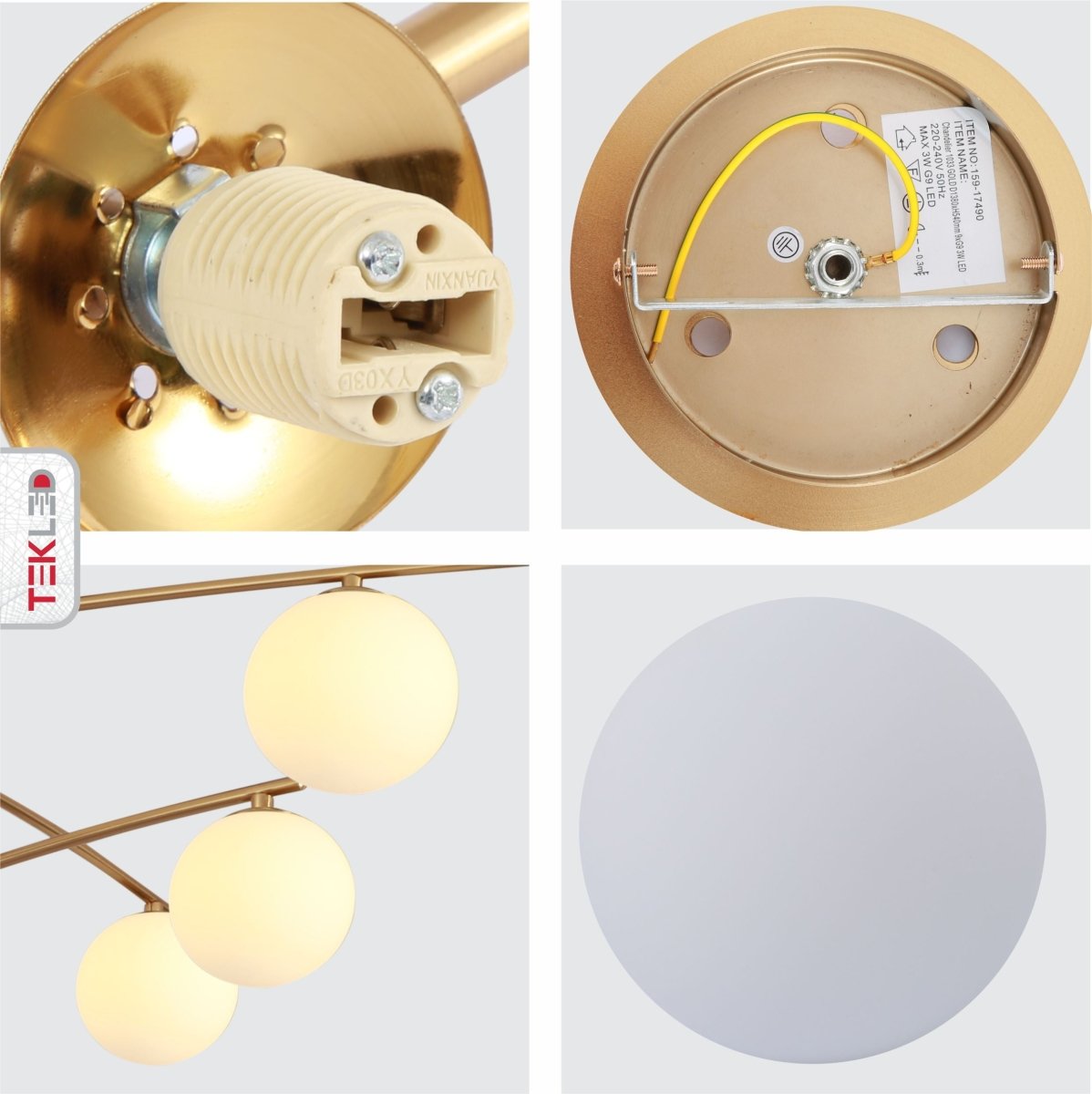Detailed shots of Balanced Palm Modern Chandelier with 9xG9 Fittings Opal Globes and Gold Body | TEKLED 159-17490