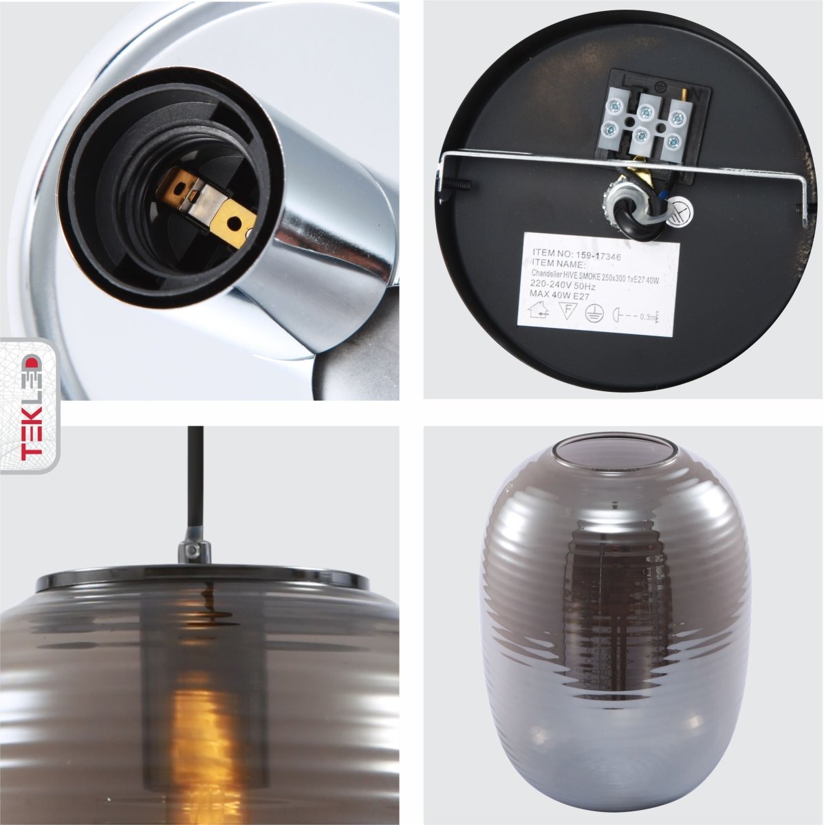 Detailed shots of Bee Hive Smoky Glass Pendant Light with E27 Fitting | TEKLED 159-17346