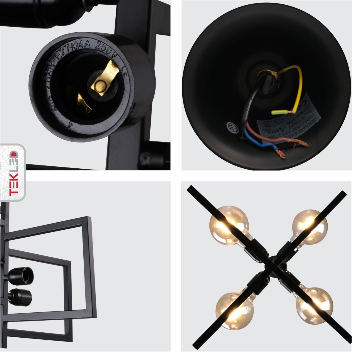 Detailed shots of Black 4 Rectangle Pendant Light L510 with 4xE27 Fitting | TEKLED 158-17584