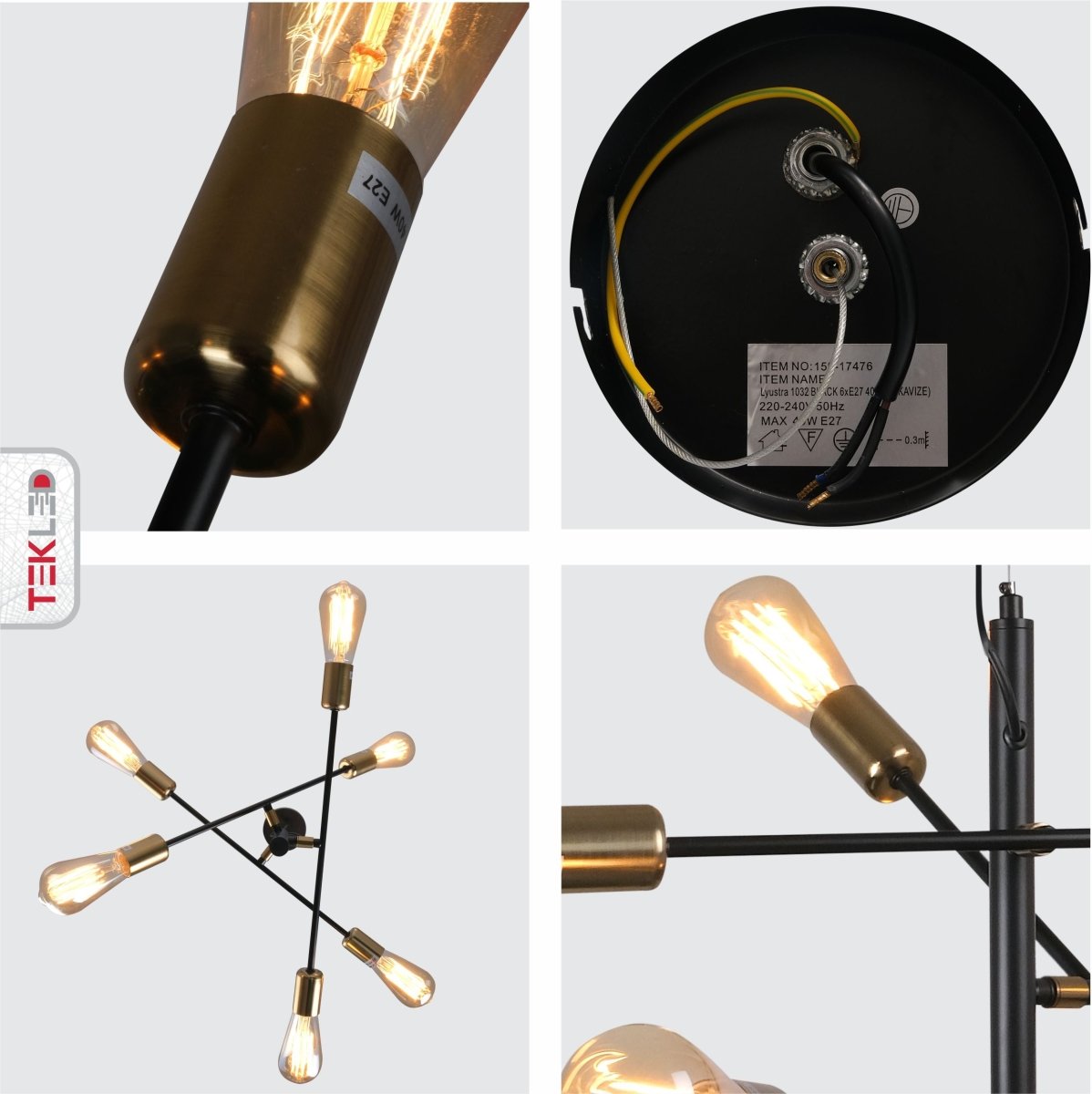 Detailed shots of Black and Gold Rod Modern Pendant Chandelier Light with 6xE27 Fittings | TEKLED 159-17476