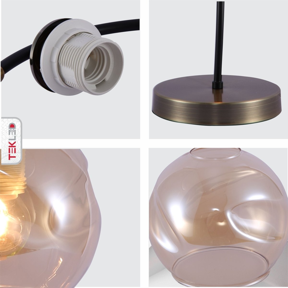 Detailed shots of Black Antique Brass Metal Amber Globe Table Lamp with E27 Fitting | TEKLED 151-19686