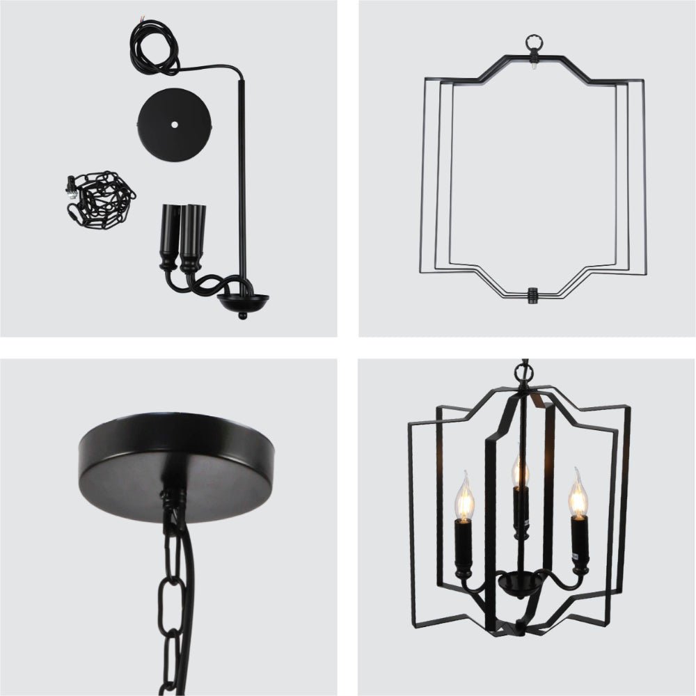Detailed shots of Black Cage Candle Lantern Rustic Nautical Nordic Chandelier Ceiling Light with 3xE14 Fittings | TEKLED 159-17864