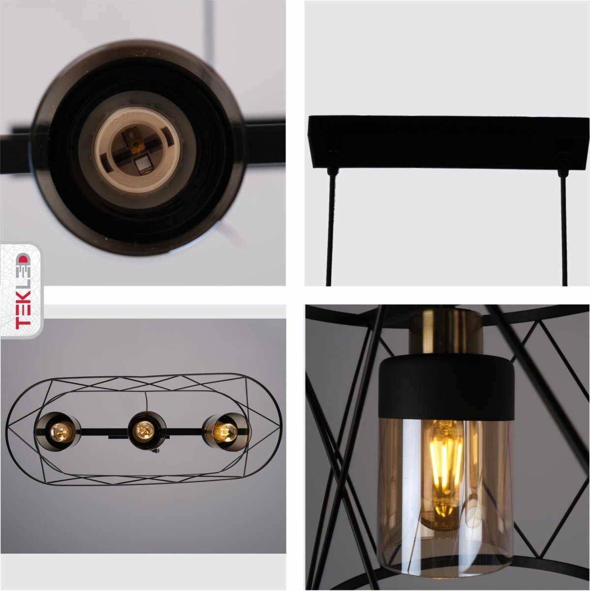 Detailed shots of Black Cage Metal Amber Cylinder Glass Island Chandelier with 3xE27 Fittings | TEKLED 159-17498