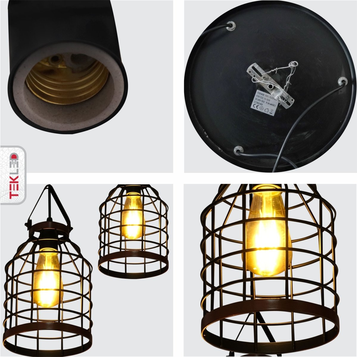 Detailed shots of Black Cage Metal Pendant Light with 3xE27 Fitting | TEKLED 156-19516