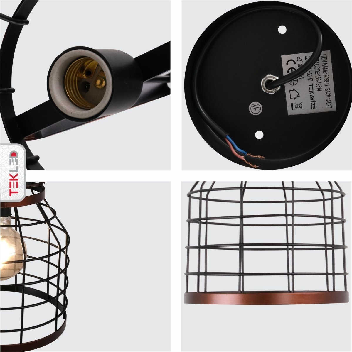 Detailed shots of Black Cage Metal Pendant Light with E27 Fitting | TEKLED 156-19514