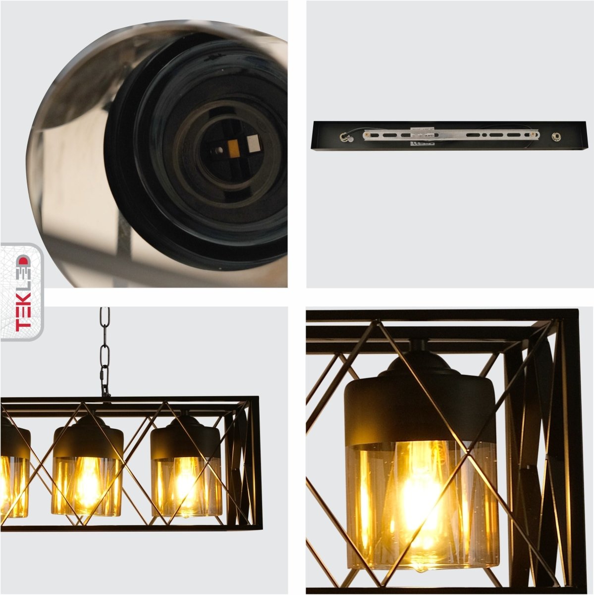 Detailed shots of Black Caged Metal Amber Cylinder Glass Island Chandelier with 5xE27 Fitting | TEKLED 158-19580