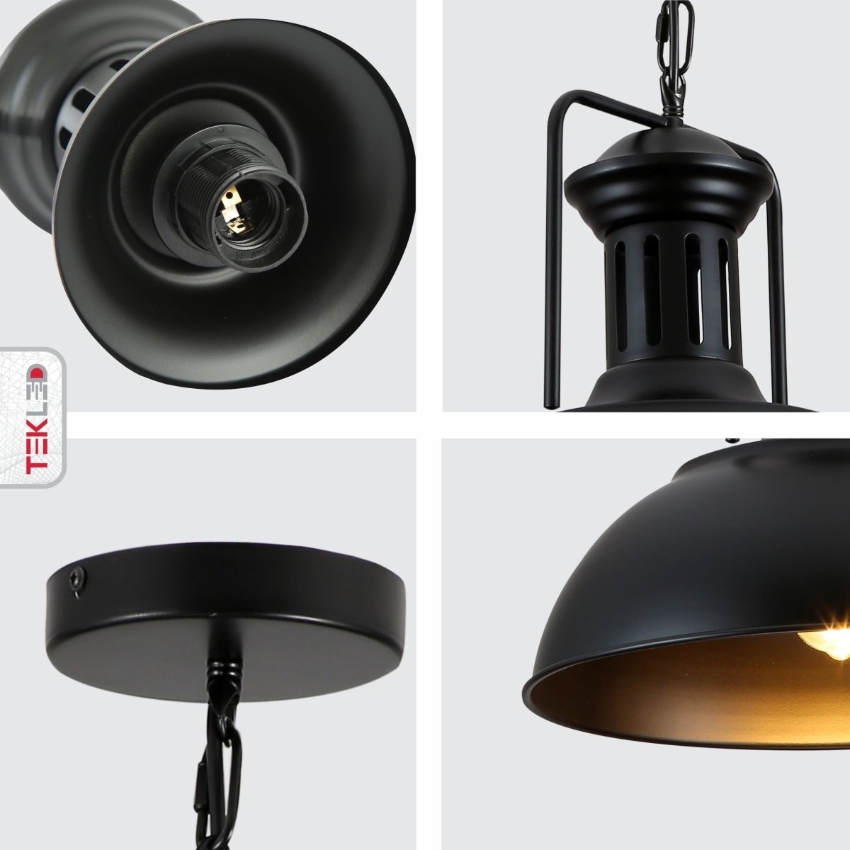 Detailed shots of Black Dome Industrial Jumbo Metal Ceiling Pendant Light with E27 Fitting | TEKLED 150-18356