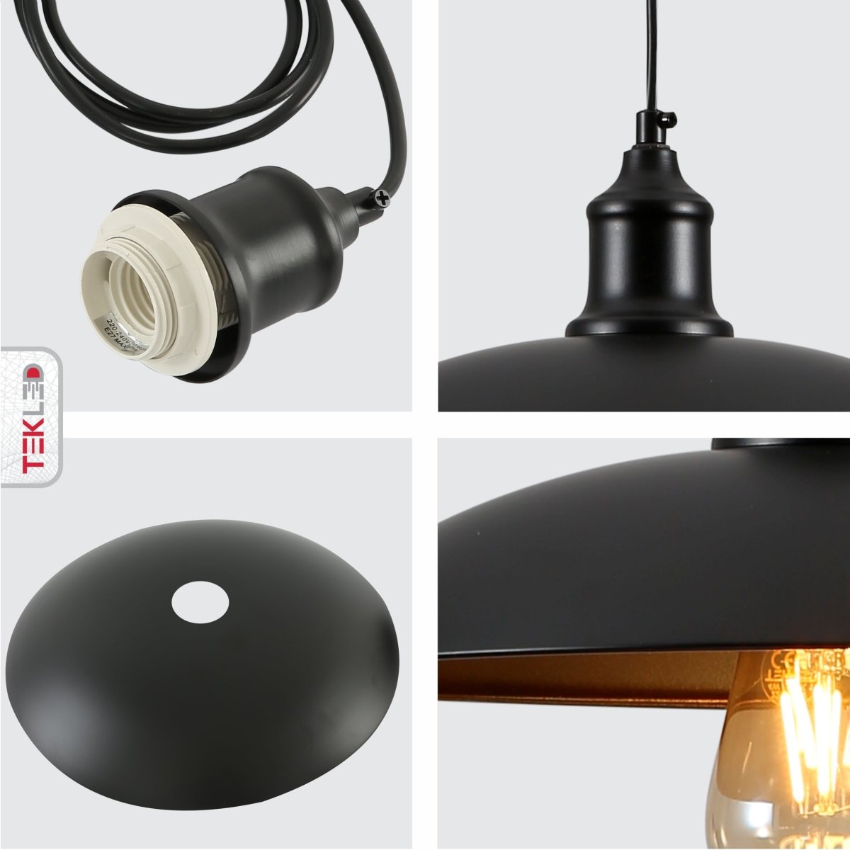 Detailed shots of Black Flat Dome Industrial Metal Ceiling Pendant Light with E27 Fitting | TEKLED 150-18354