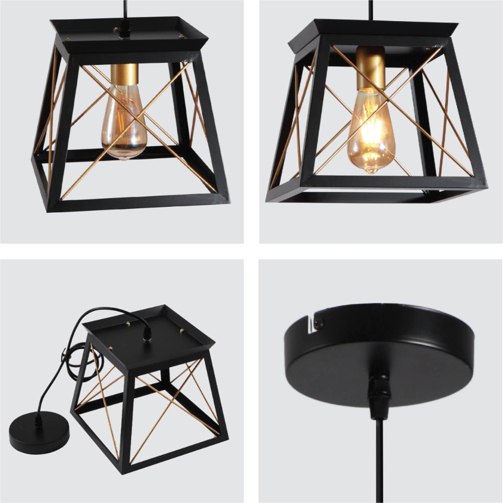 Detailed shots of Black Gold Caged Industrial Retro Square Pendant Ceiling Light with E27 | TEKLED 159-17862
