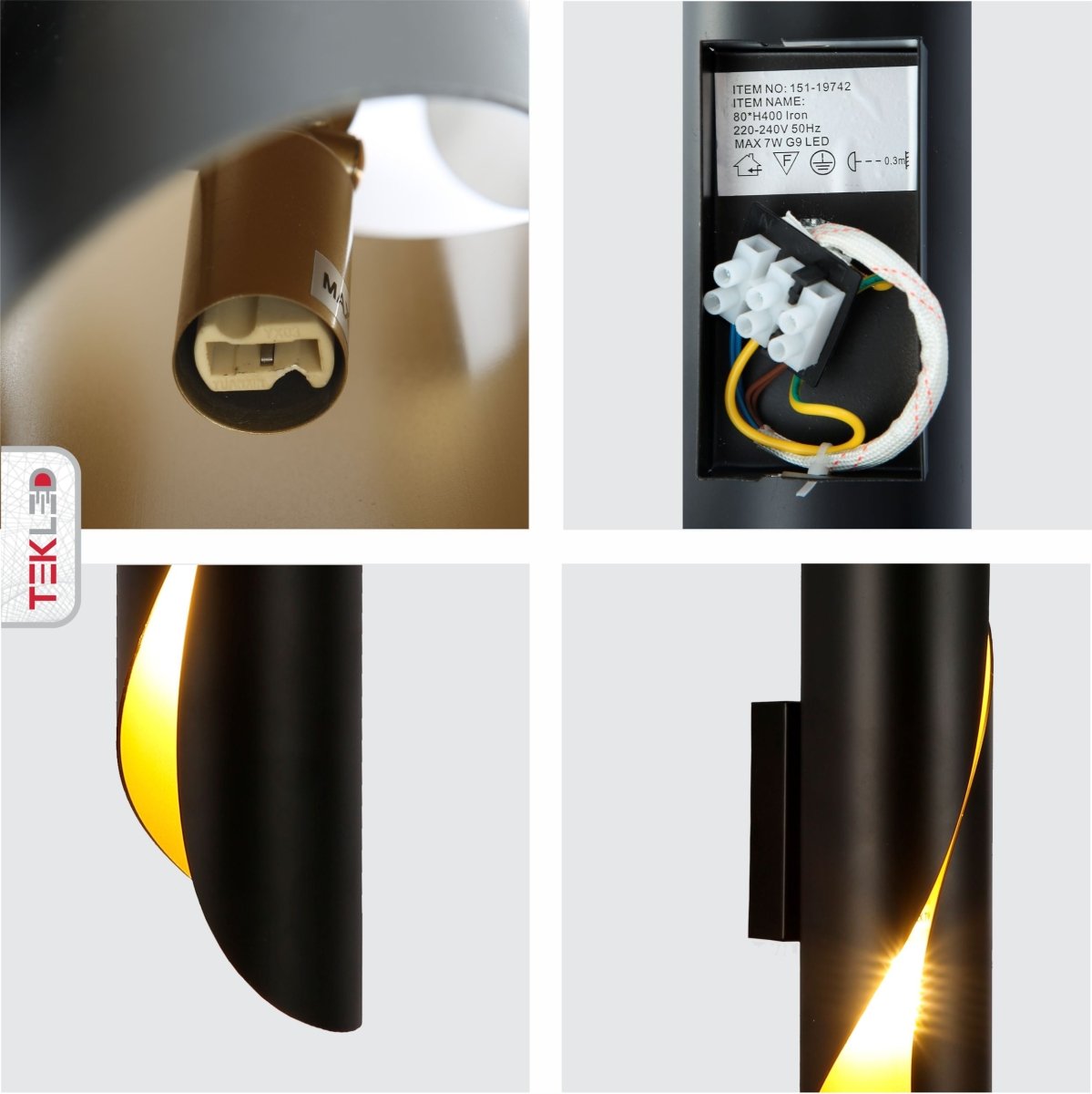 Detailed shots of Black Gold Metal Cylinder Wall Light with 2xG9 Fitting | TEKLED 151-19742