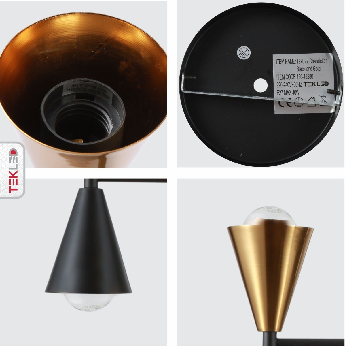 Detailed shots of Black Gold Up Down Funnel Modern Chandelier with 12xE27 Fitting | TEKLED 150-18280