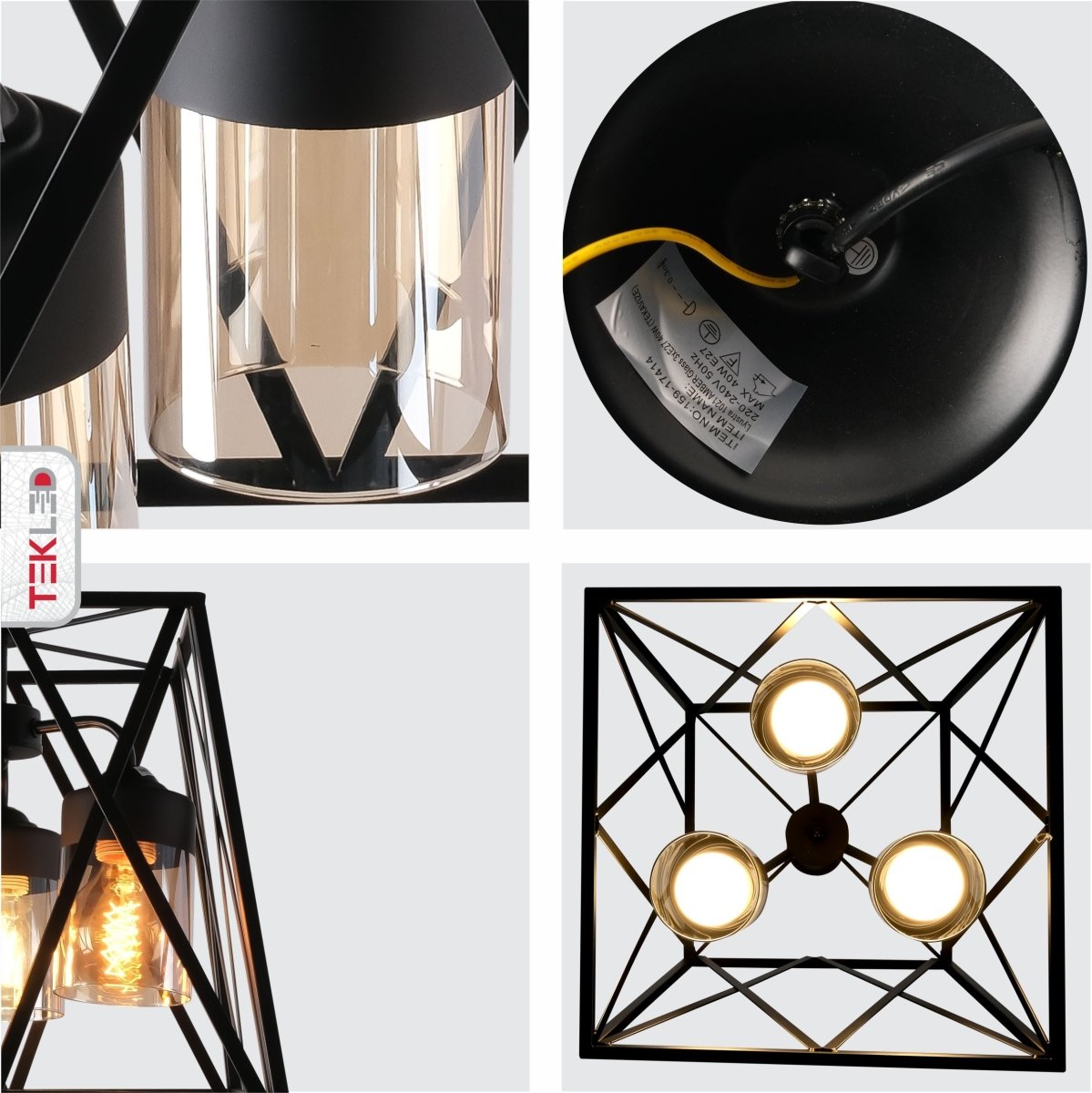 Detailed shots of Black Metal Body Amber Cylinder Glass Cage Cuboid Chandelier with 3xE27 Fittings | TEKLED 159-17414
