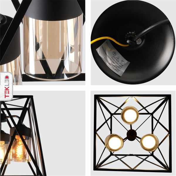 Detailed shots of Black Metal Body Amber Cylinder Glass Cage Cuboid Chandelier with 3xE27 Fittings | TEKLED 159-17414