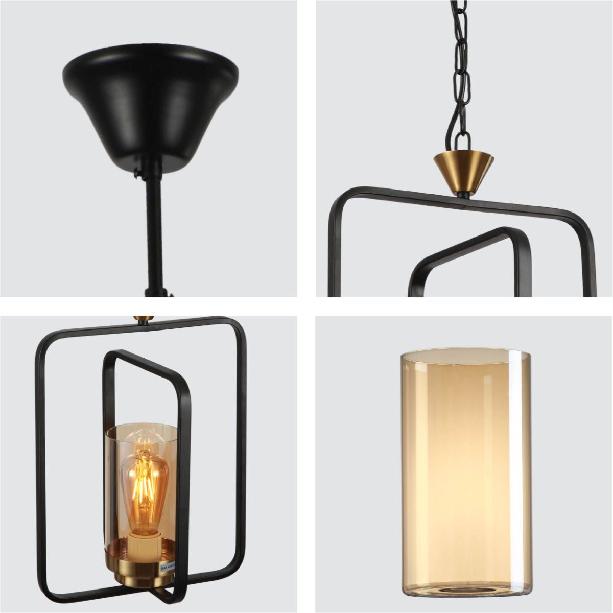 Detailed shots of Black Metal Cage Body Amber Cylinder Glass Pendant Ceiling Light with E27 Fitting | TEKLED 159-17440