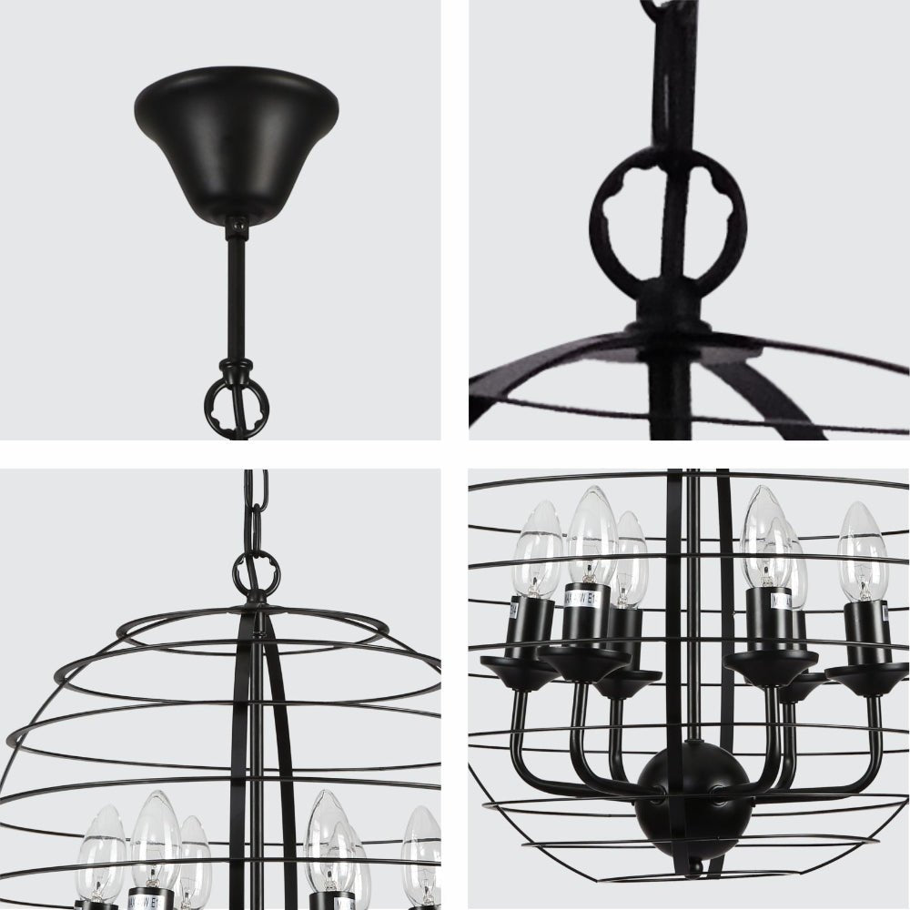 Detailed shots of Black Metal Cage Candle Lantern Pendant Ceiling Light with 6xE14 Fittings | TEKLED 158-17564