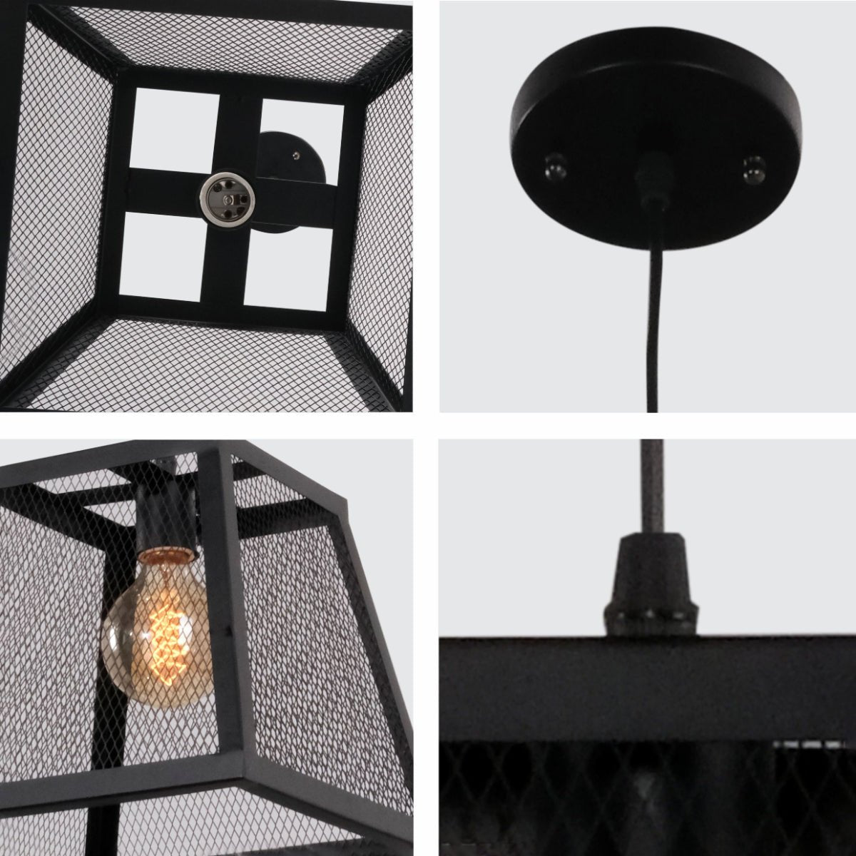 Detailed shots of Black Metal Cuboid Caged Pendant Ceiling Light with E27 | TEKLED 150-17856
