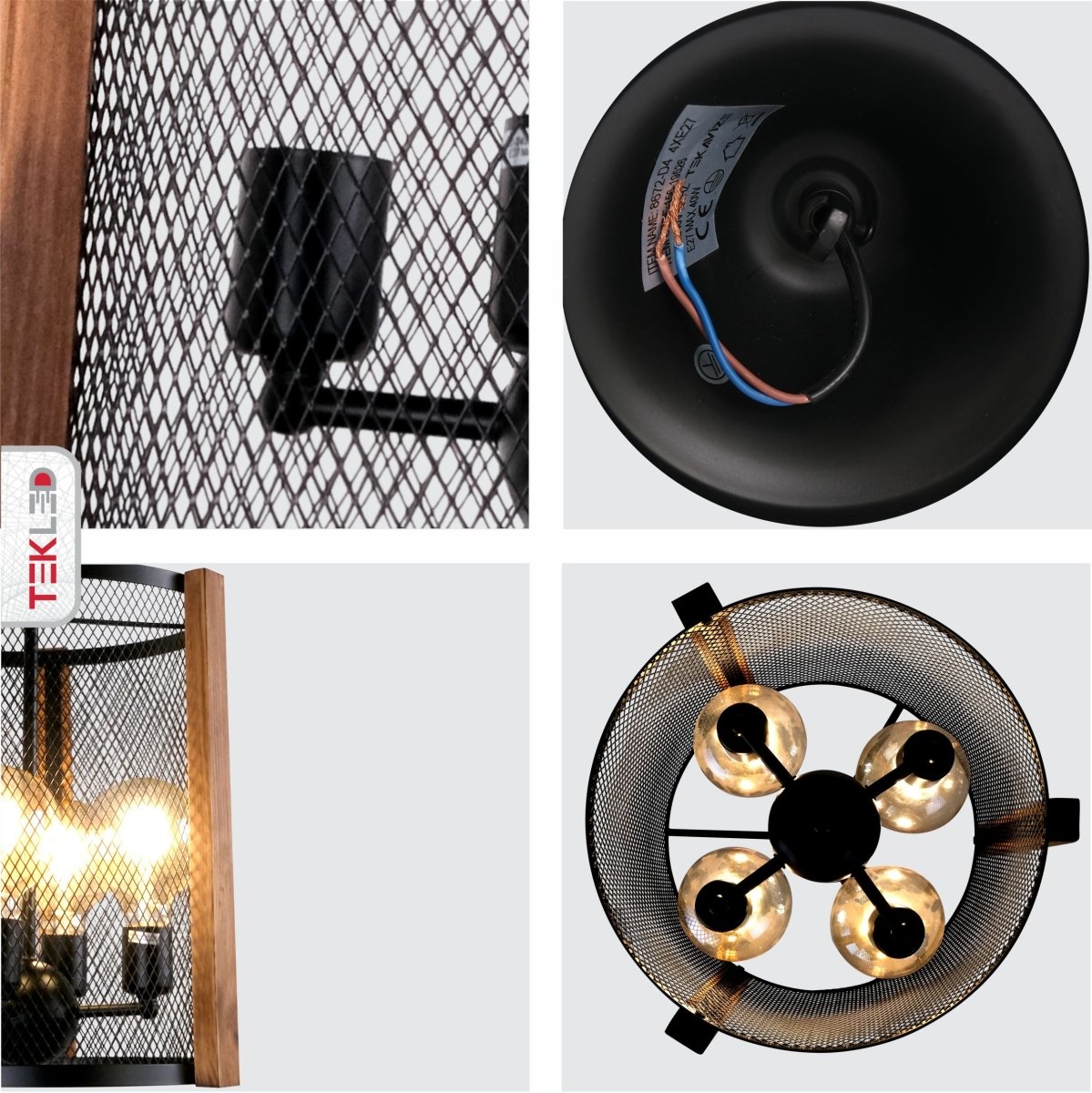 Detailed shots of Black Metal Cylinder Cage Pendant Light with 4xE27 Fitting | TEKLED 156-19526