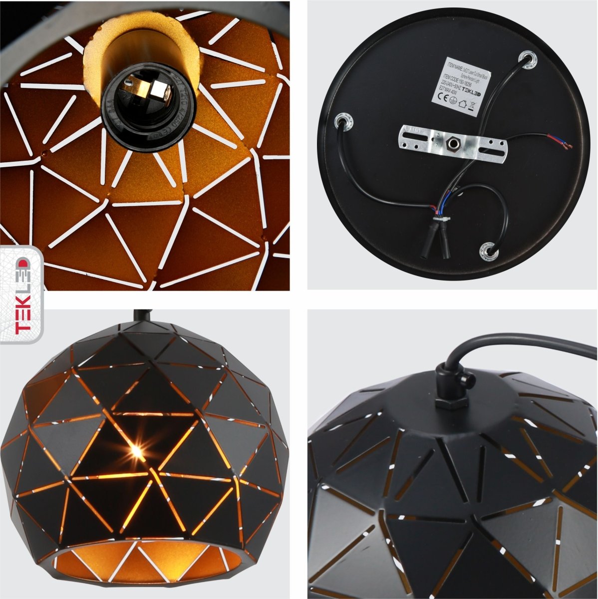 Detailed shots of Black Metal Laser Cut Globe Pendant Light with 3xE27 Fitting | TEKLED 150-18256