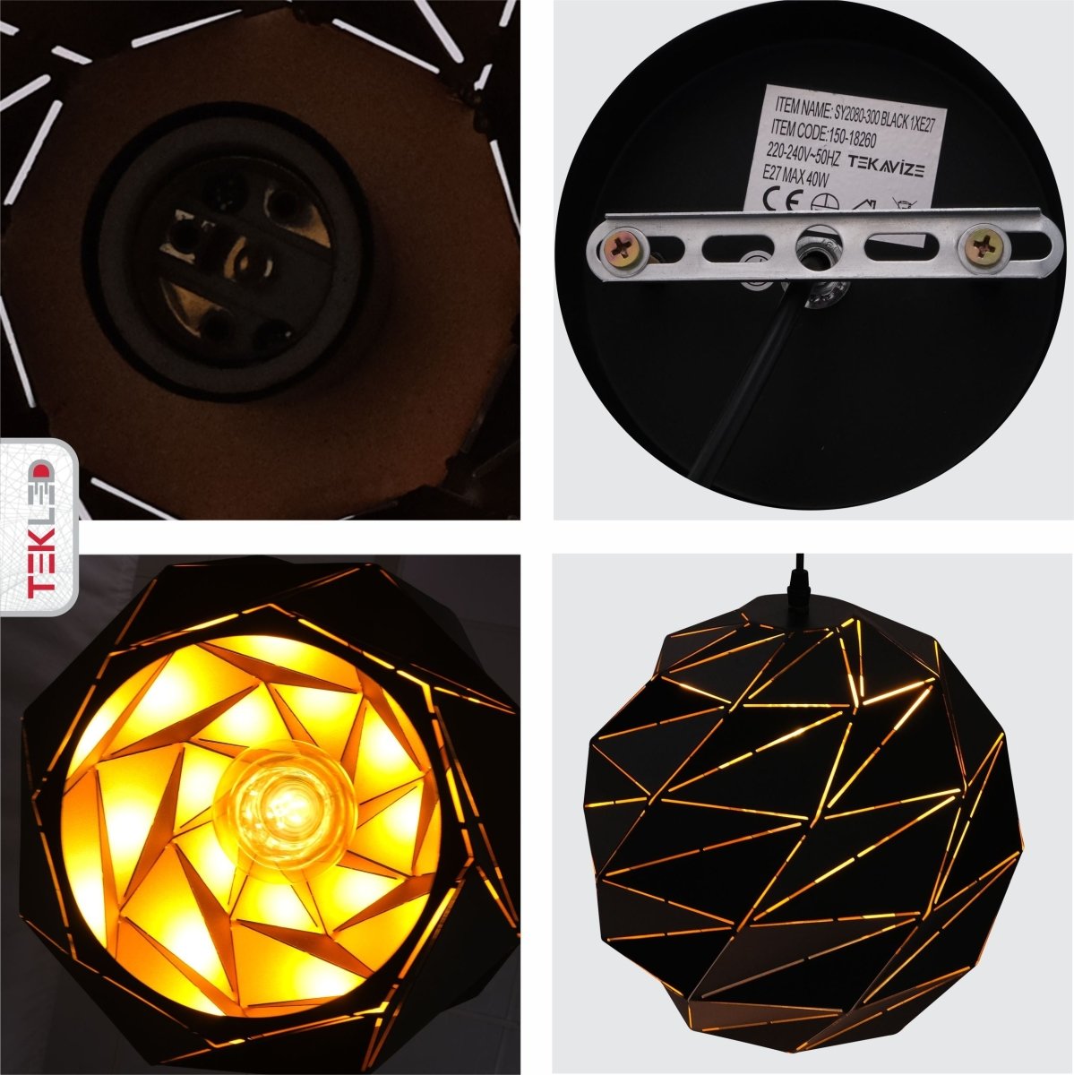 Detailed shots of Black Metal Laser Cut Globe Pendant Light Large with E27 Fitting | TEKLED 150-18260