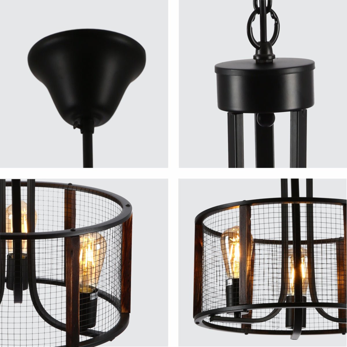 Detailed shots of Black Metal Natural Wood Cylinder Cage Pendant Ceiling Light with 3xE27  | TEKLED 156-19530