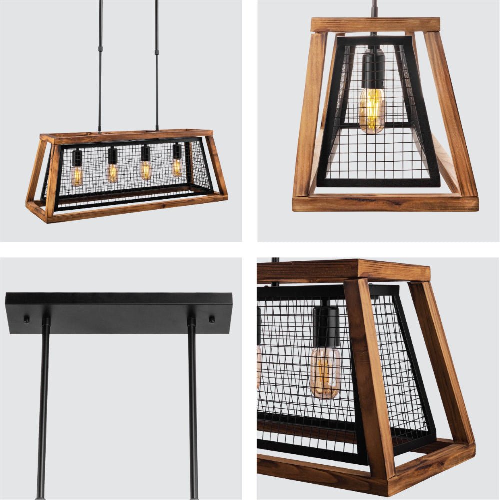 Detailed shots of Black Metal Old Wood Cuboid Island Chandelier Ceiling Light with 4xE27 L750 | TEKLED 156-195320