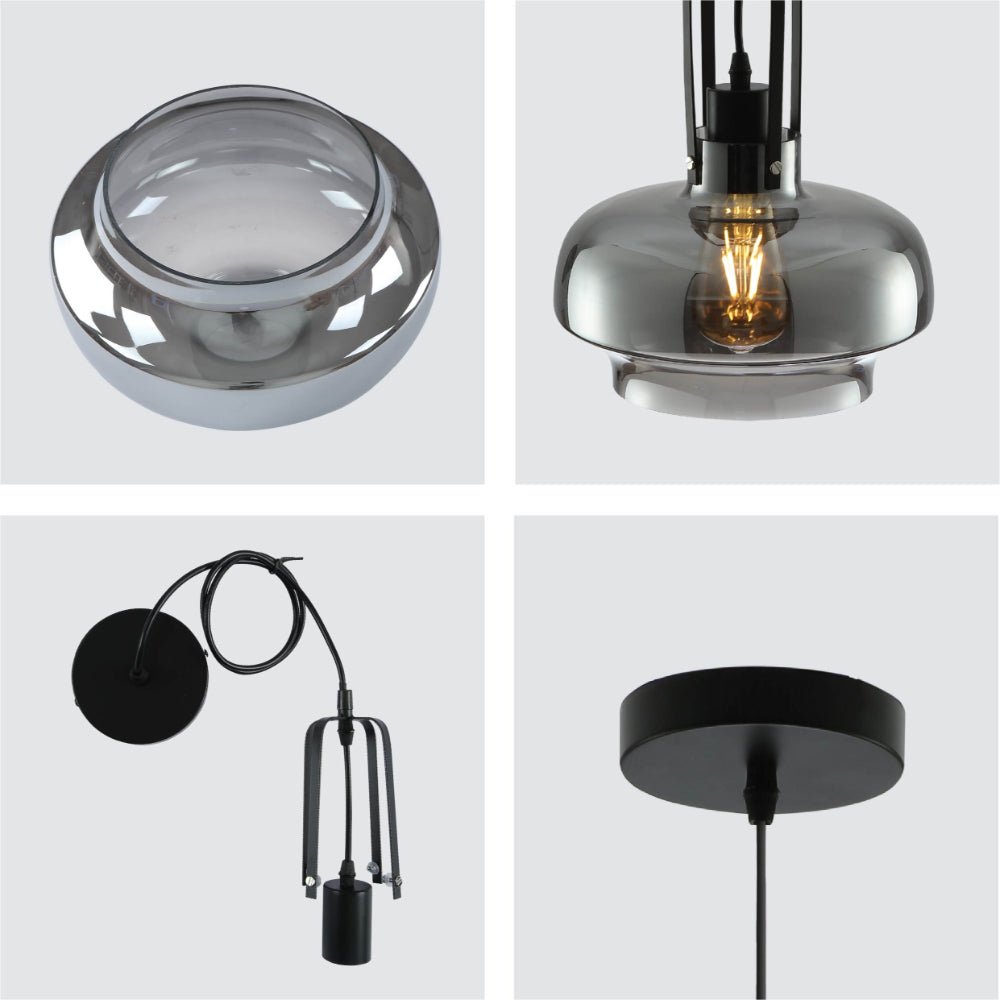 Detailed shots of Black Metal Smoky Glass Step Pendant Ceiling Light D240 with E27 Fitting | TEKLED 158-19744