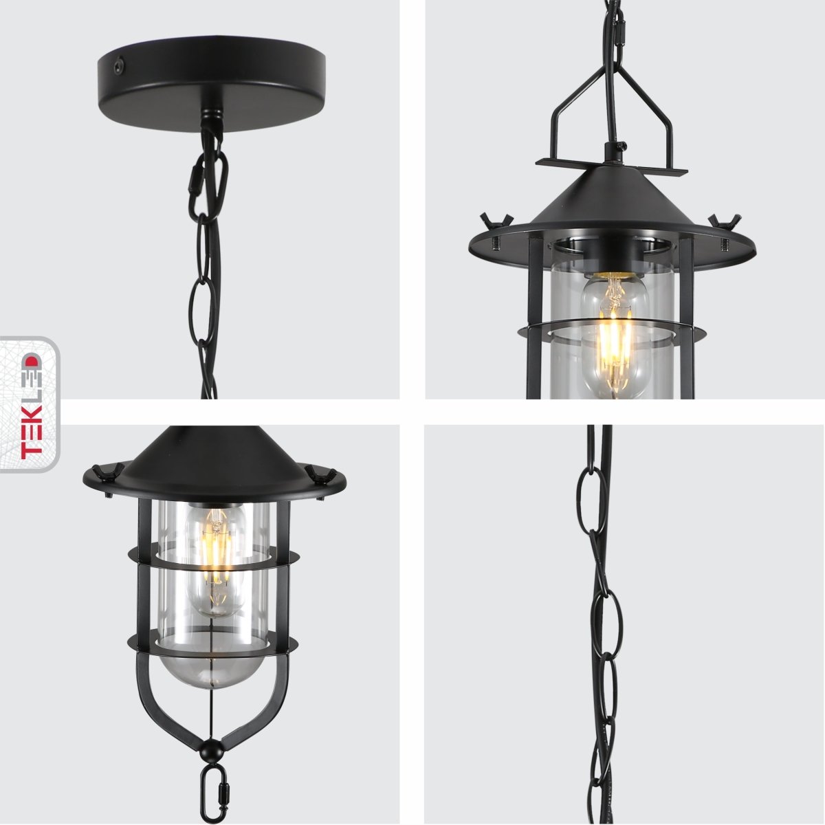 Detailed shots of Black Nautical Industrial Caged Flat Shade Small Glass Metal Ceiling Pendant Light with E27 Fitting  | TEKLED 150-18370