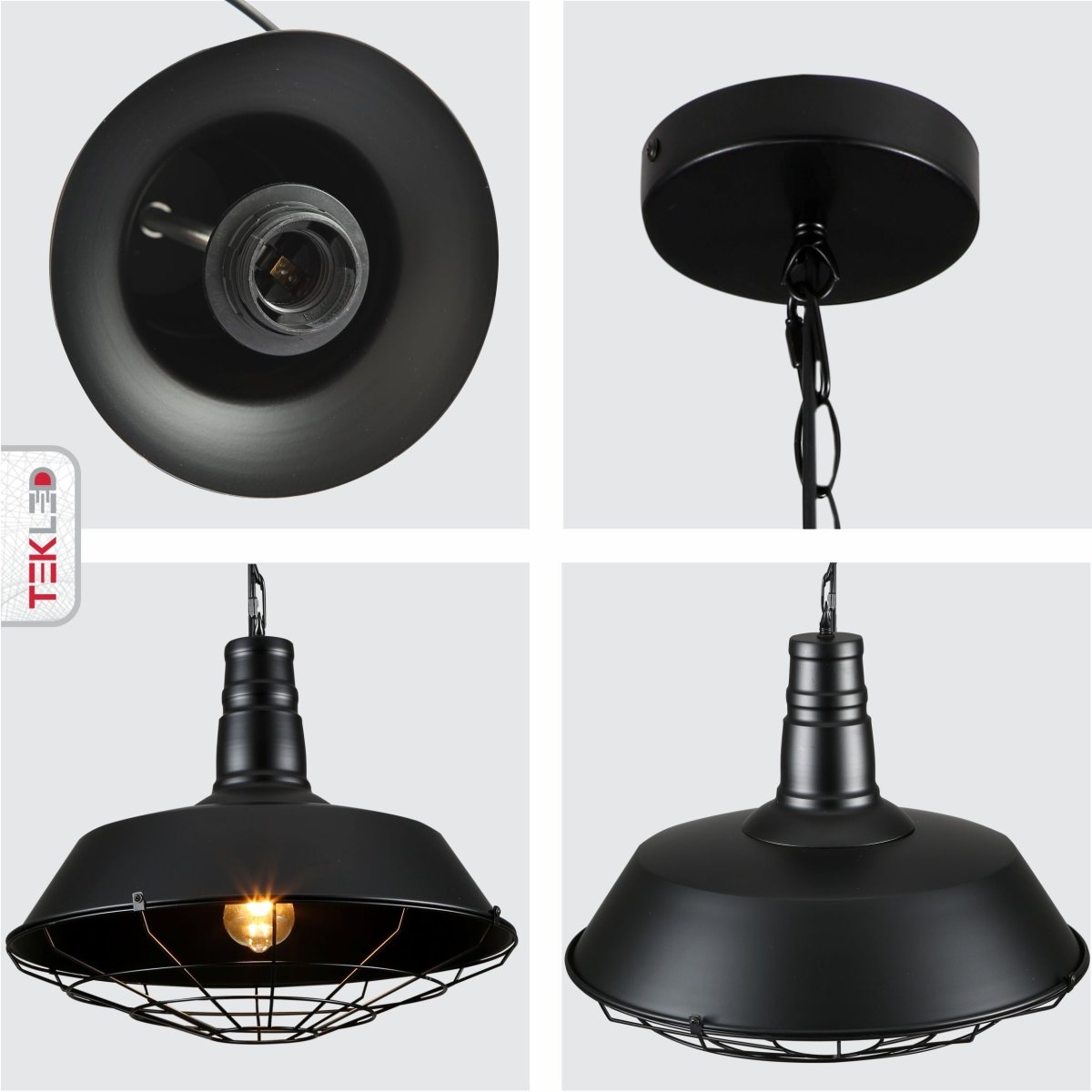 Detailed shots of Black Step Caged Industrial Metal Ceiling Pendant Light with E27 Fitting | TEKLED 150-18362