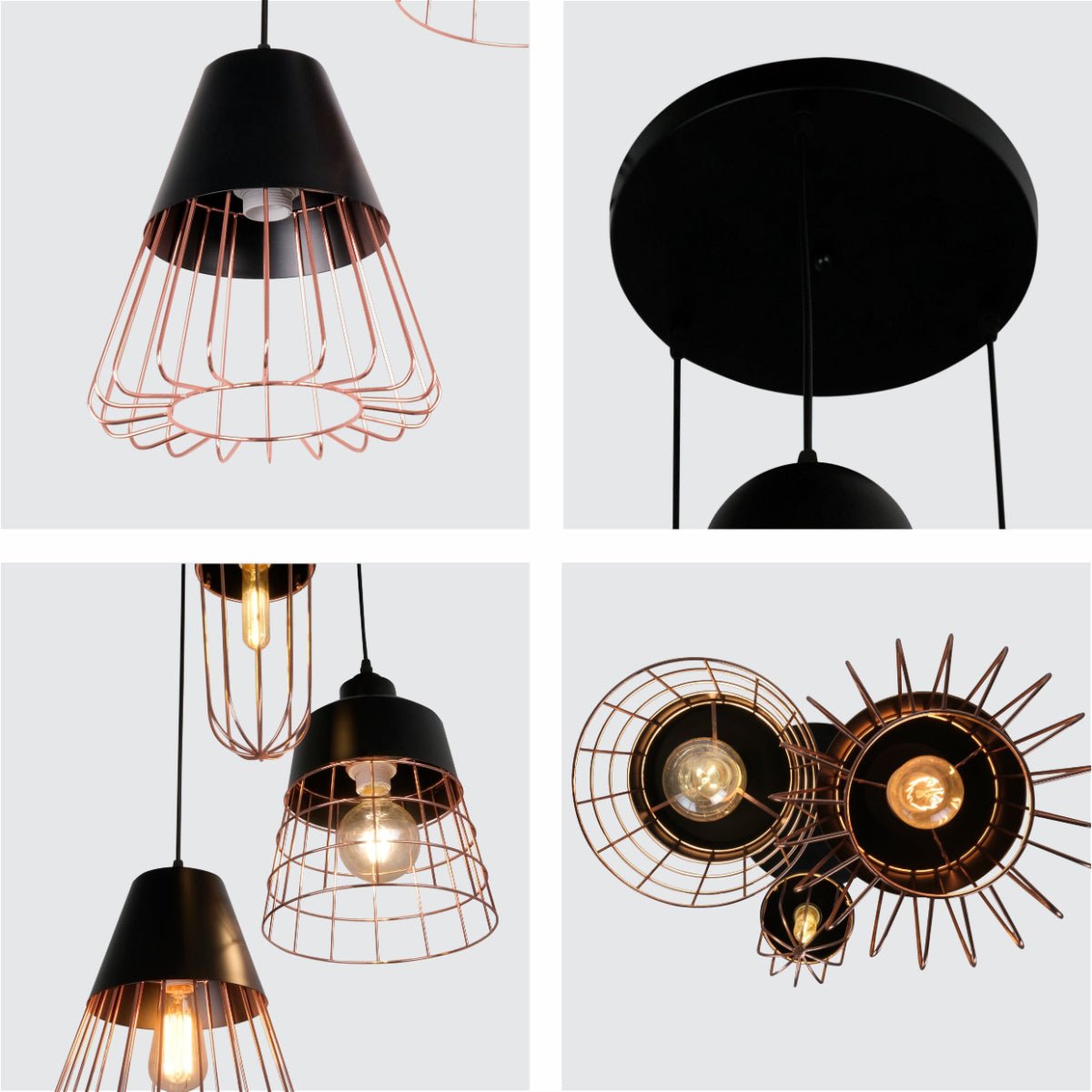 Detailed shots of Black Top Rose Gold Metal Cage Mix Pendant Ceiling Light with 3xE27 | TEKLED 150-18082