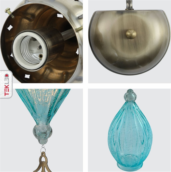 Detailed shots of Blue Glass Antique Bronze Metal Body Moroccan Style Wall Light with E27 Fitting | TEKLED 151-194581