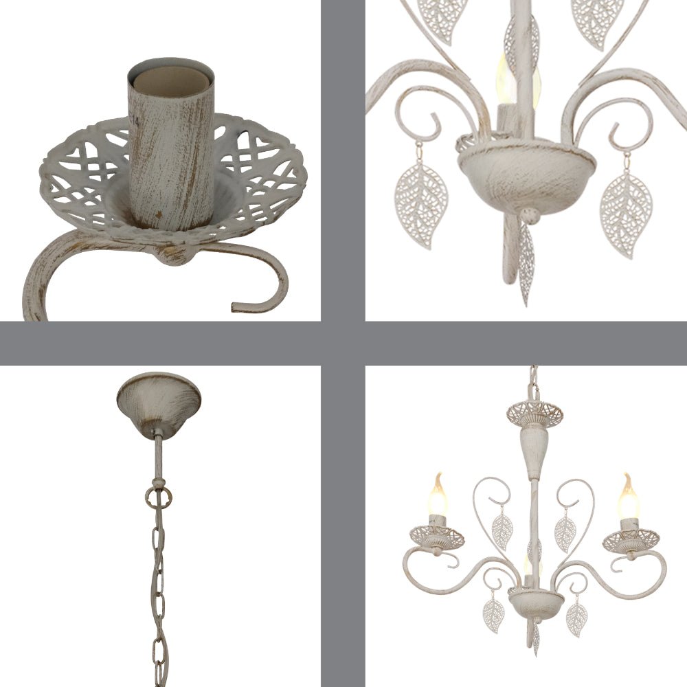 Detailed shots of Candle French Mediterian Leaf Traditional Vintage Gold Patinated White Ceiling Light with 3xE14 Fittings | TEKLED 158-19094