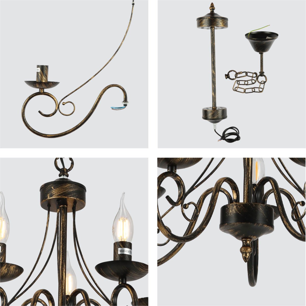 Detailed shots of Candle Vintage Gold Patinated Black French Chandelier Ceiling Light 5xE14 | TEKLED 152-17615