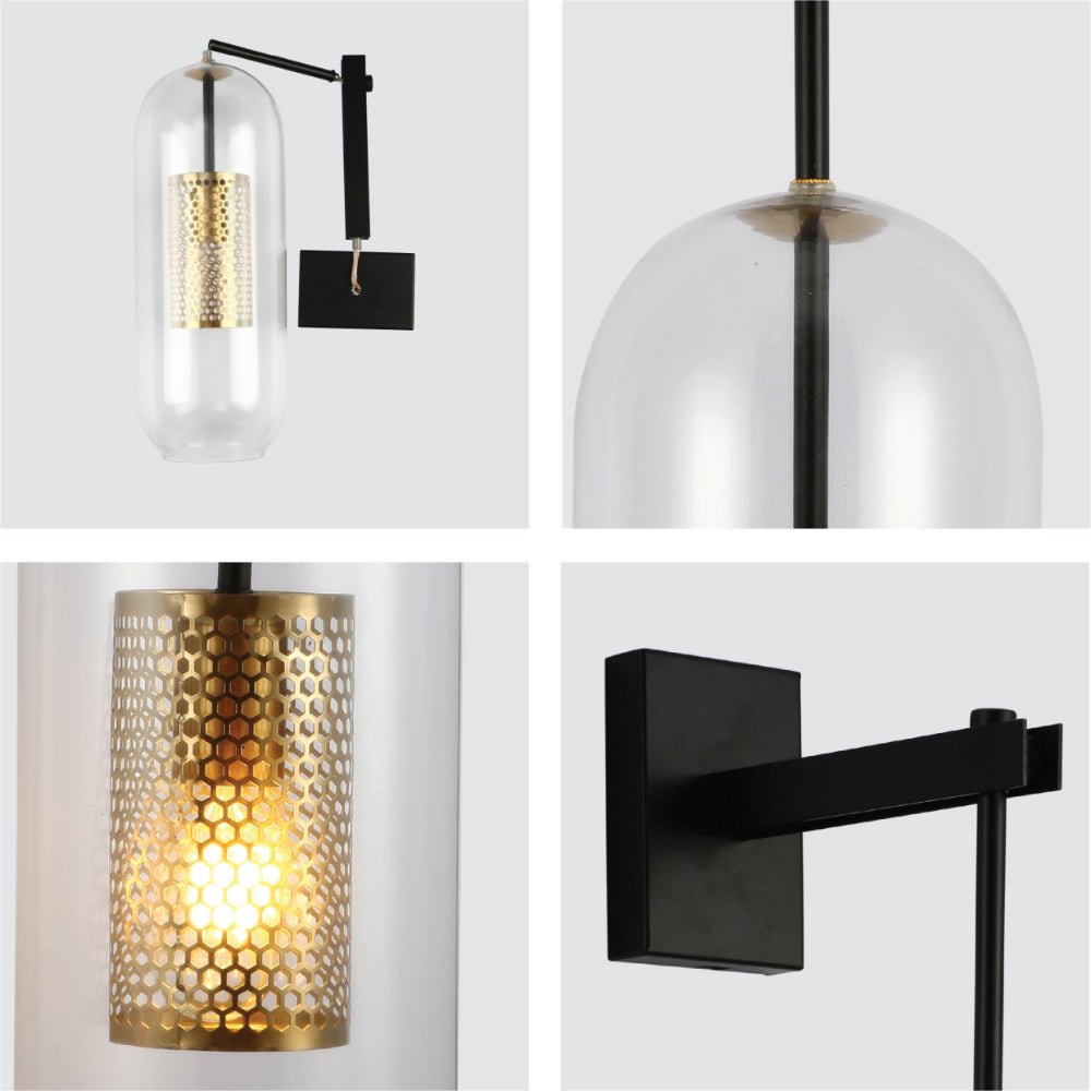 Detailed shots of Clear Cylinder Glass Gold Cage Black Body Wall Light with E27 Fitting  | TEKLED 151-19735