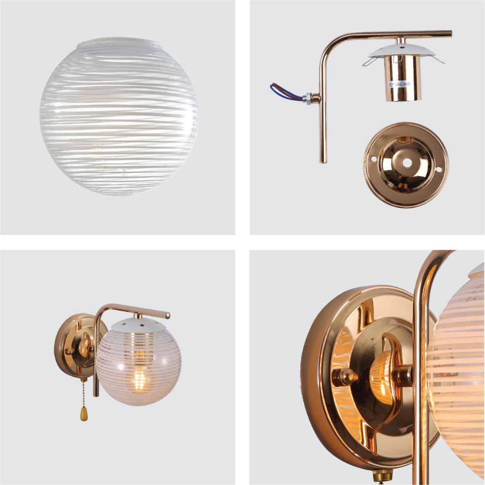 Detailed shots of Clear Textured Globe Gold Wall Light E27 Pull Down Switch | TEKLED 151-19758