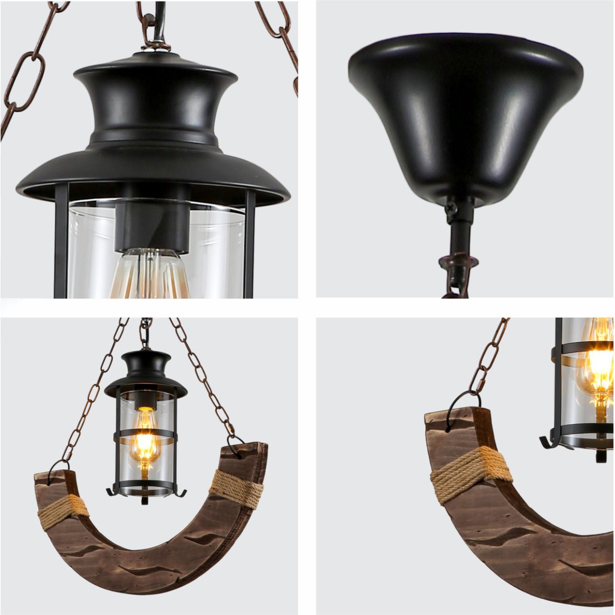 Detailed shots of Crescent Wood Glass Cylinder Shaded Rustic Farmhouse Nautical Pendant Ceiling Light E27 | TEKLED 159-17848
