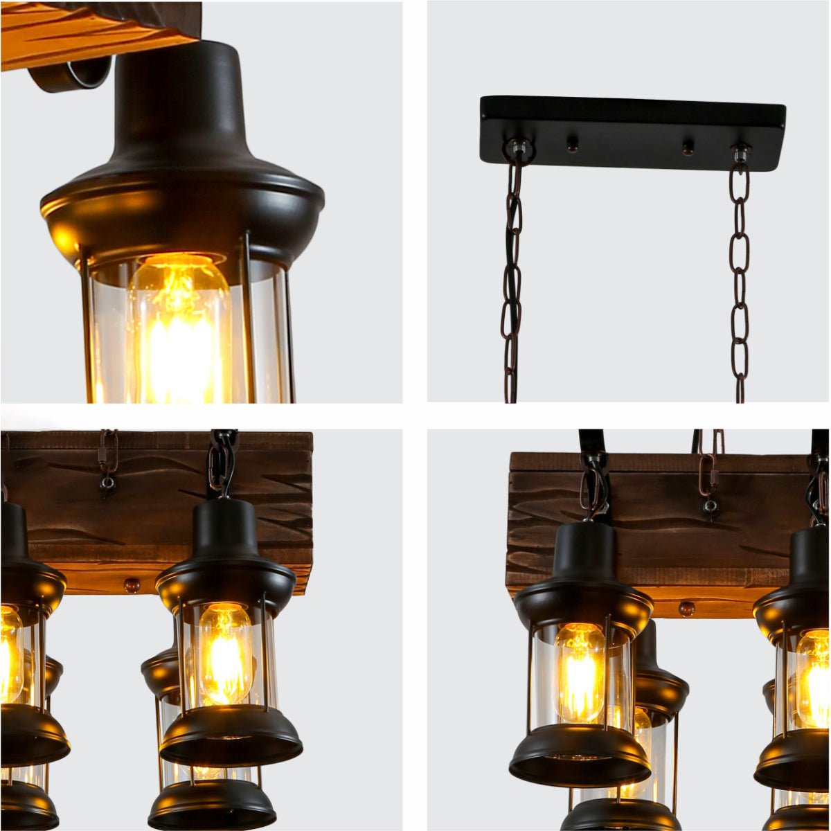 Detailed shots of Cuboid Iron and Wood Glass Cylinder Shaded Rustic Farmhouse Nautical Island Chandelier 6xE27 | TEKLED 159-17846