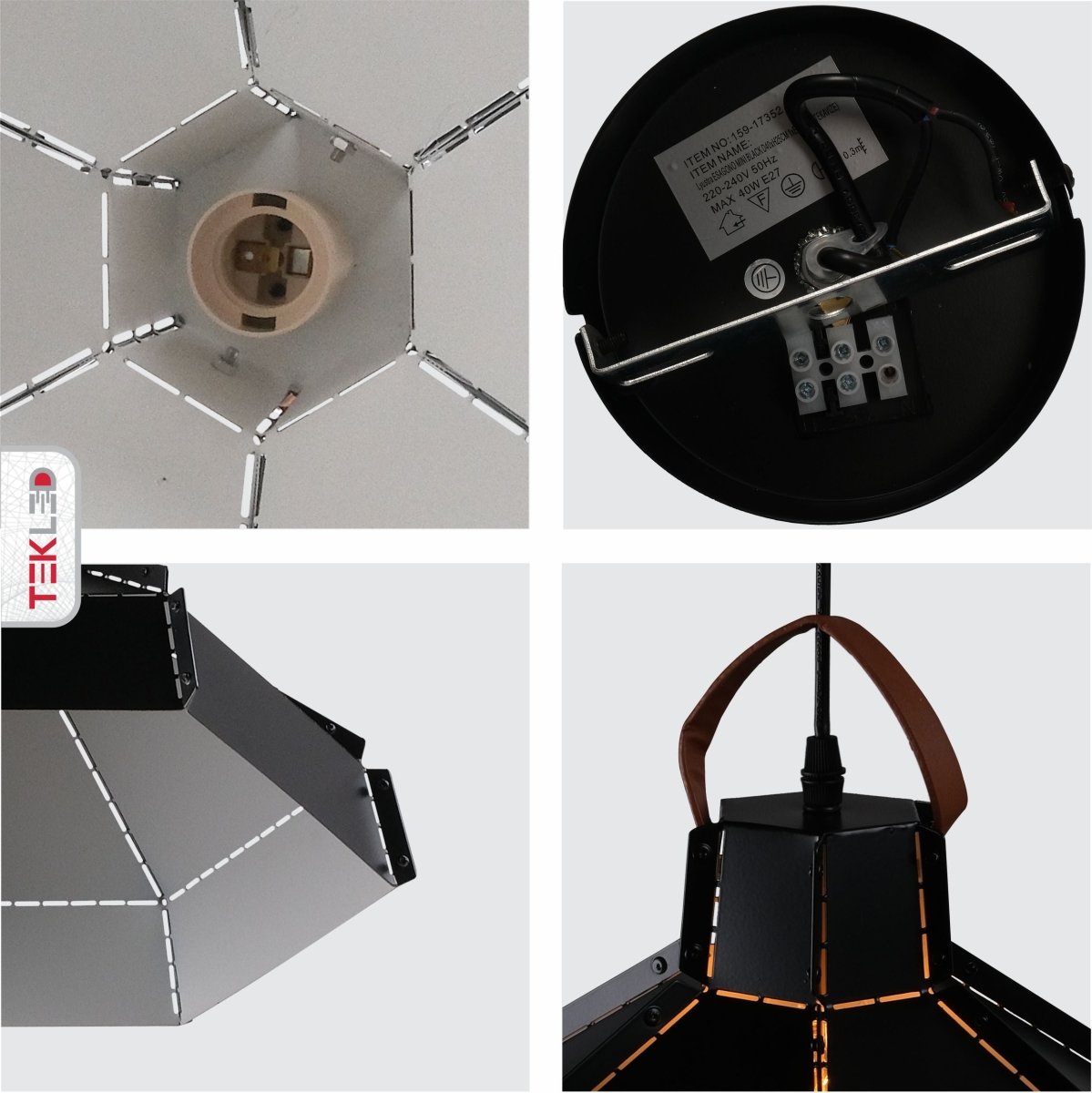 Detailed shots of Esagono Maxi Black Metal Pendant Light with E27 Fitting | TEKLED 159-17352