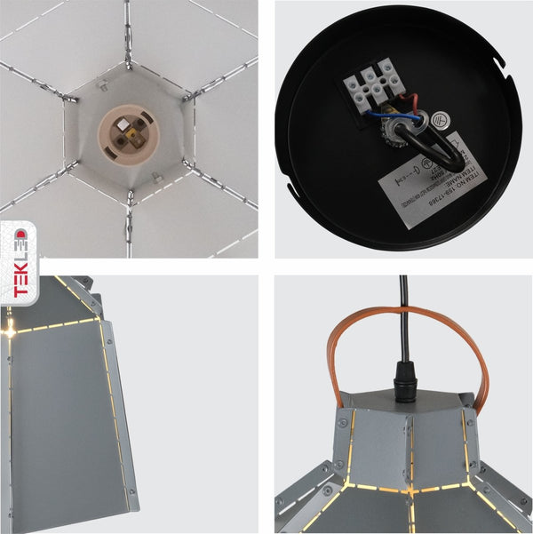 Detailed shots of Esagono Mini Grey Metal Pendant Light with E27 Fitting | TEKLED 159-17368