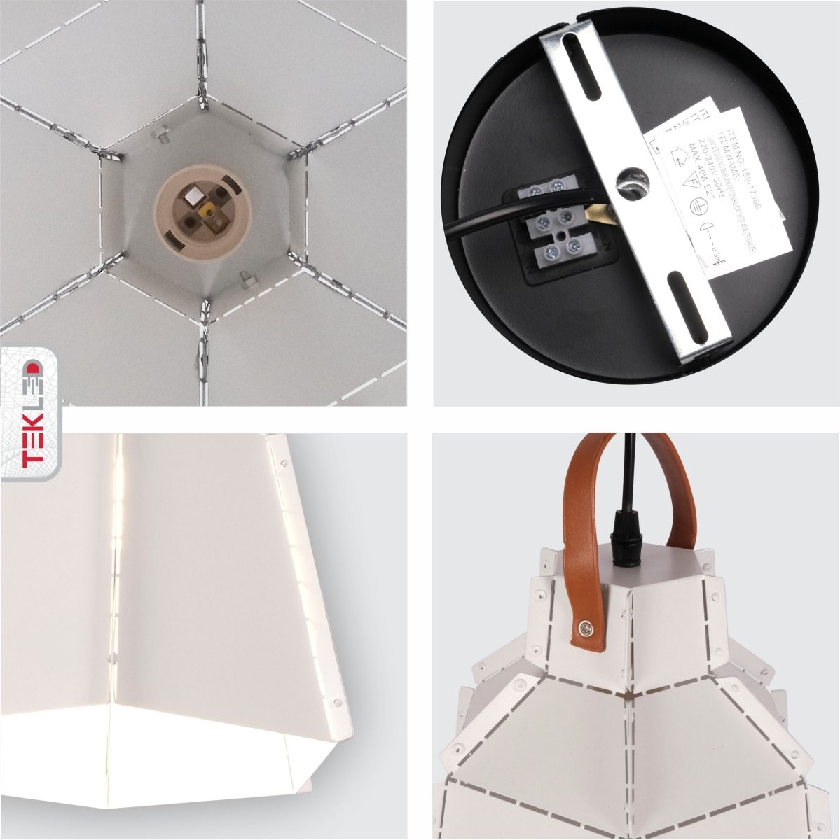 Detailed shots of Esagono Mini White Metal Pendant Light with E27 Fitting | TEKLED 159-17366