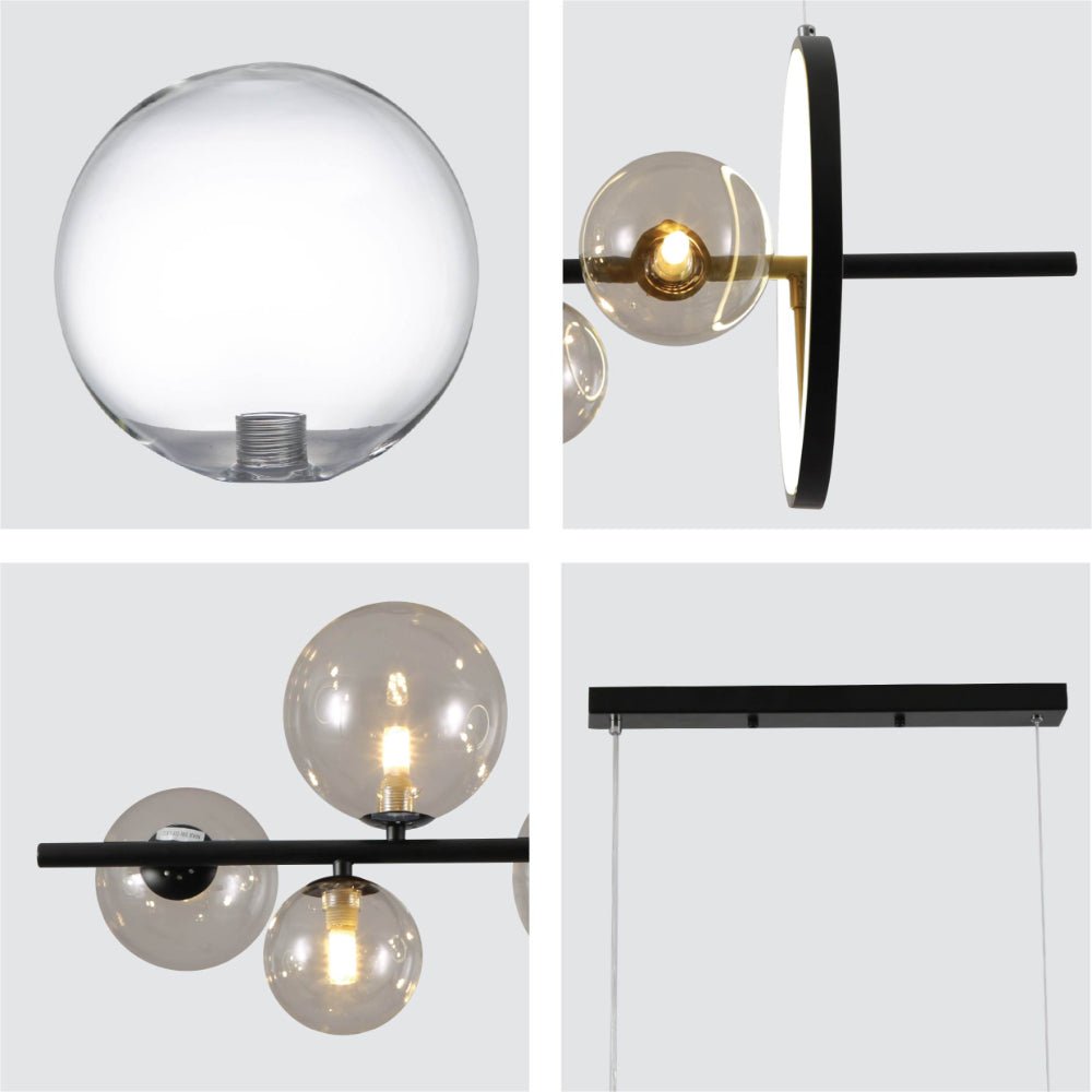 Detailed shots of Expanse Ring Black Body Clear Globe Glasses Kitchen Island Contemporary Chandelier Ceiling Light with 7xG9 Fititngs and 20W Build-in LED | TEKLED 159-17328
