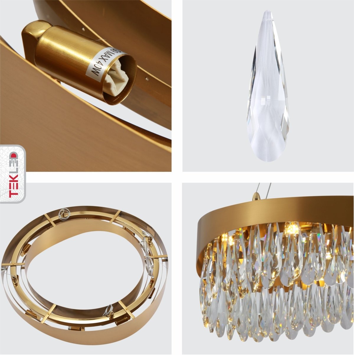 Detailed shots of Faceted Long Pear Crystal Gold Metal Chandelier D600 with 10xG9 Fitting | TEKLED 156-19568