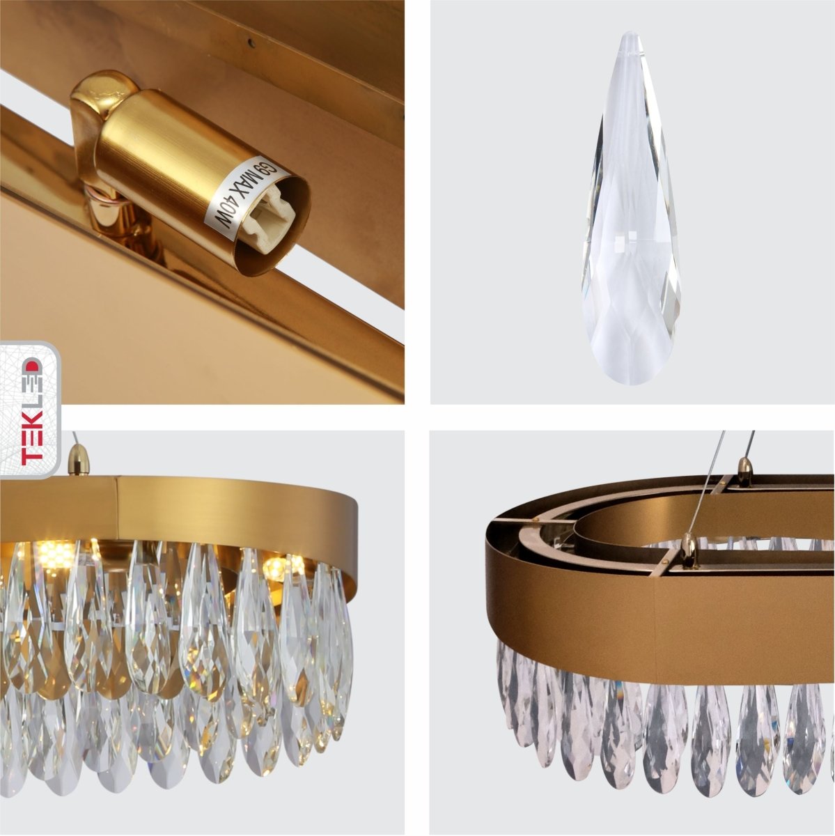 Detailed shots of Faceted Long Pear Crystal Gold Metal Island Chandelier L1100 with 12xG9 Fitting | TEKLED 156-19574