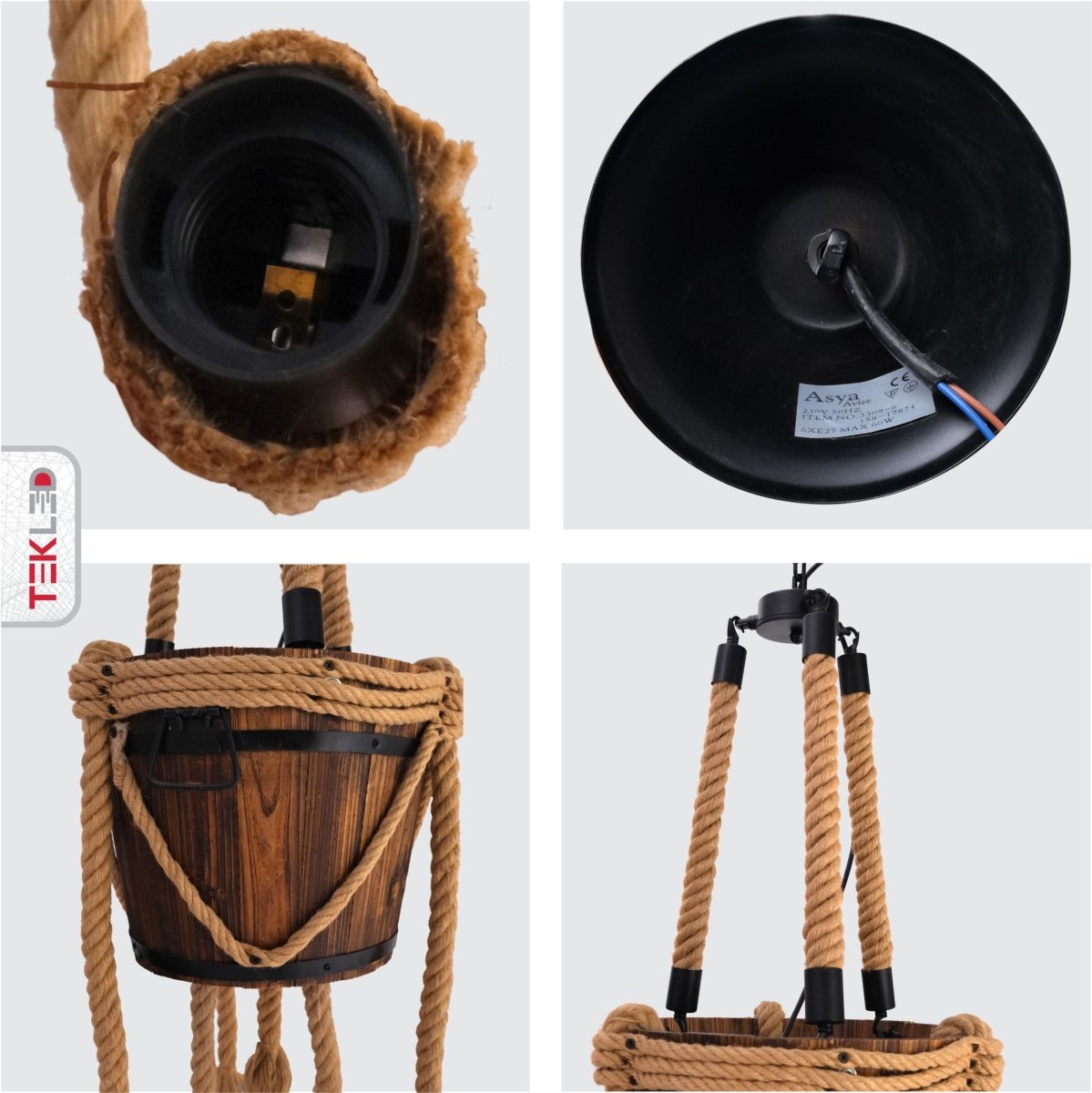 Detailed shots of Firewood Basket with 6 Hemp Rope Chandelier E27 Fitting | TEKLED 158-17874