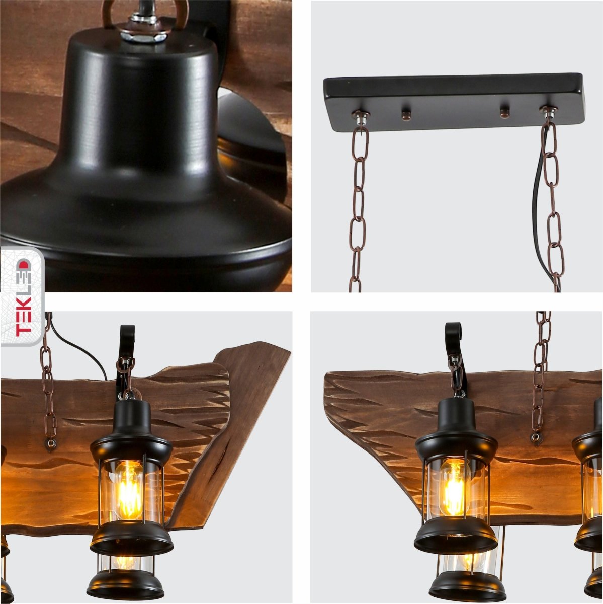 Detailed shots of Galley Iron and Wood Glass Cylinder Shade Island Chandelier Light 6xE27 | TEKLED 159-17842