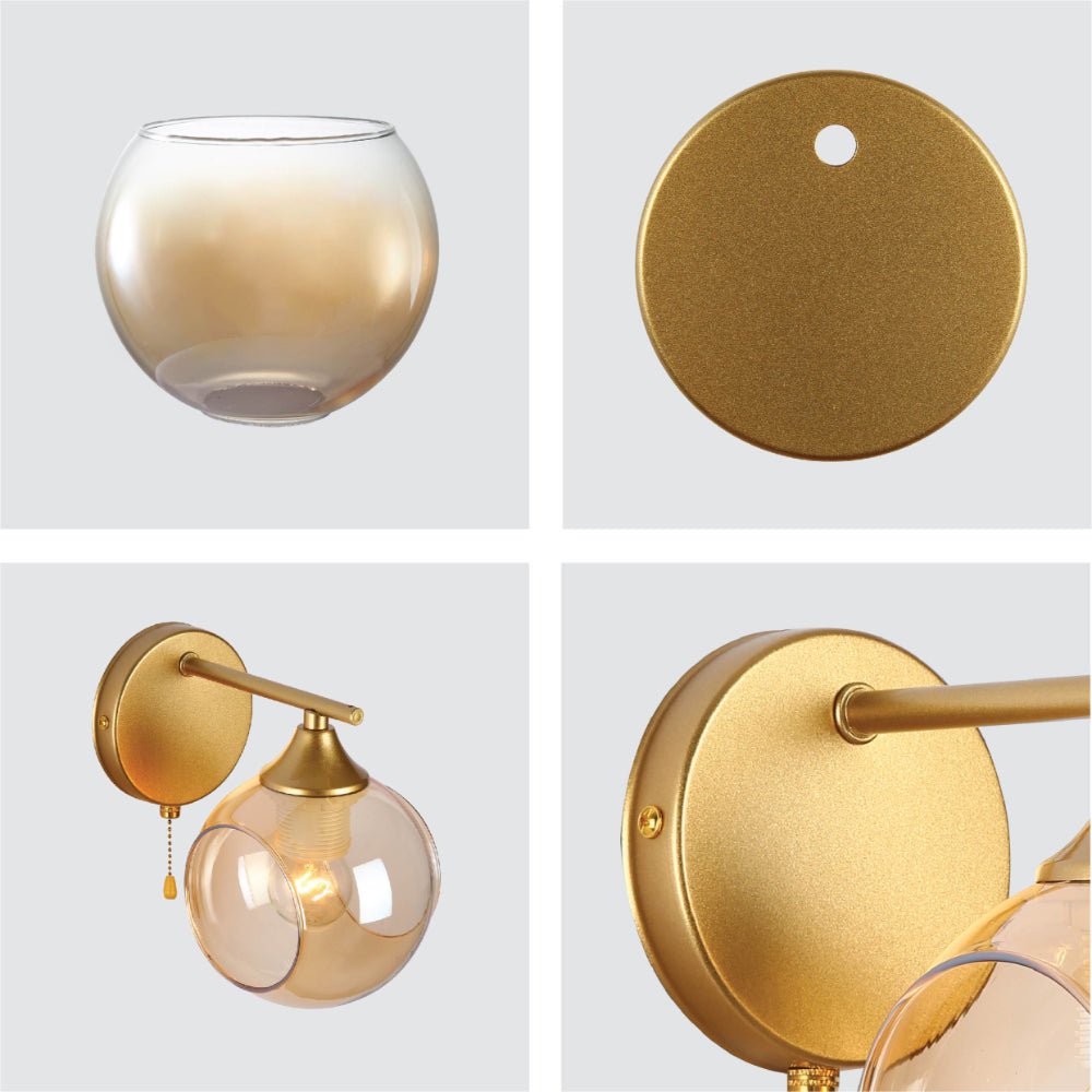 Detailed shots of Gold Hinged Metal Amber Dome Glass Wall Light E27 Pull Down Switch | TEKLED 151-19776