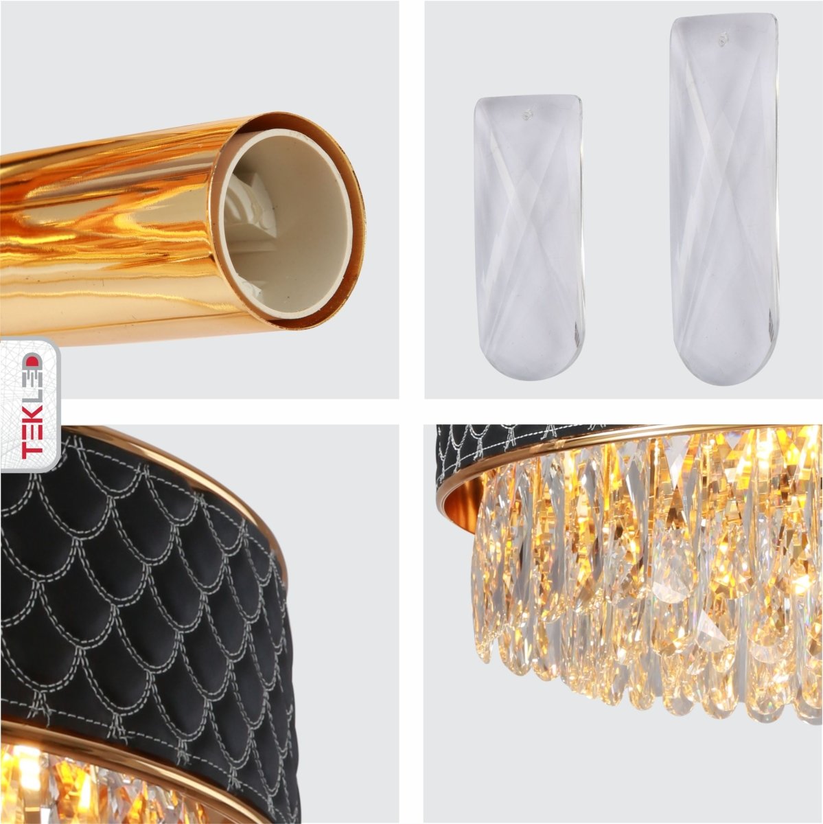 Detailed shots of Gold Metal Black Leather Crystal Chandelier D600 with 12xE14 Fitting | TEKLED 158-19858