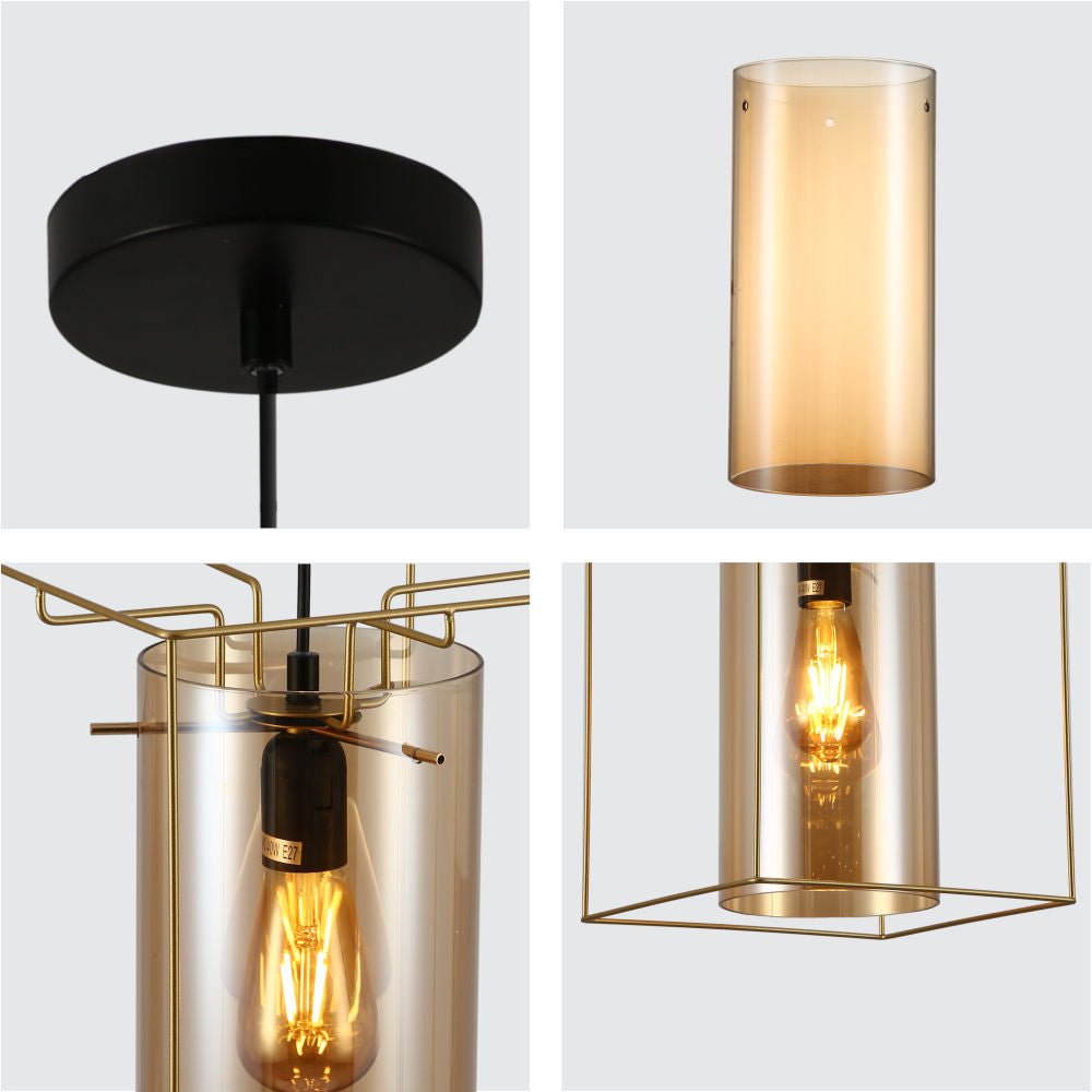 Detailed shots of Gold Metal Cage Amber Cylinder Glass Pendant Ceiling Light with E27 Fitting | TEKLED 150-18310