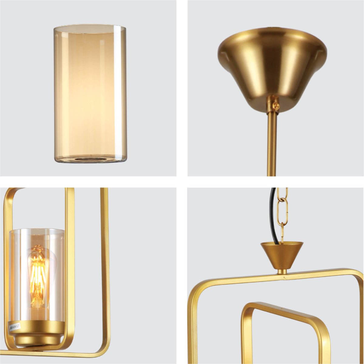 Detailed shots of Gold Metal Cage Body Amber Cylinder Glass Pendant Ceiling Light with E27 Fitting | TEKLED 159-17438