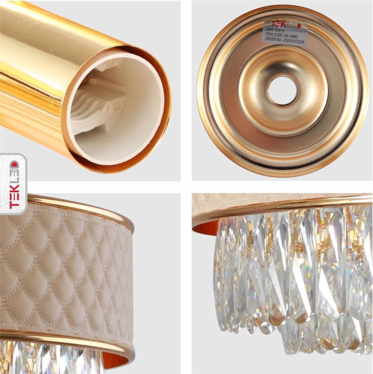 Detailed shots of Gold Metal Cream Leather Crystal Chandelier D800 with 15xE14 Fitting | TEKLED 158-19860