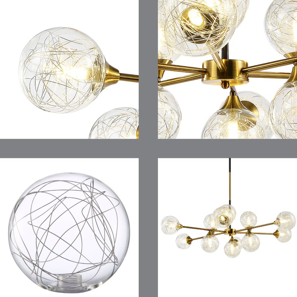 Detailed shots of Gold Metal Sputnik Clear Globe Glass Chandelier Ceiling Light with 12xG9 Fittings | TEKLED 158-19576
